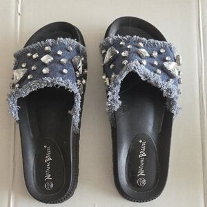 Nature Breeze Women's Black and Denim Embellished Sandals